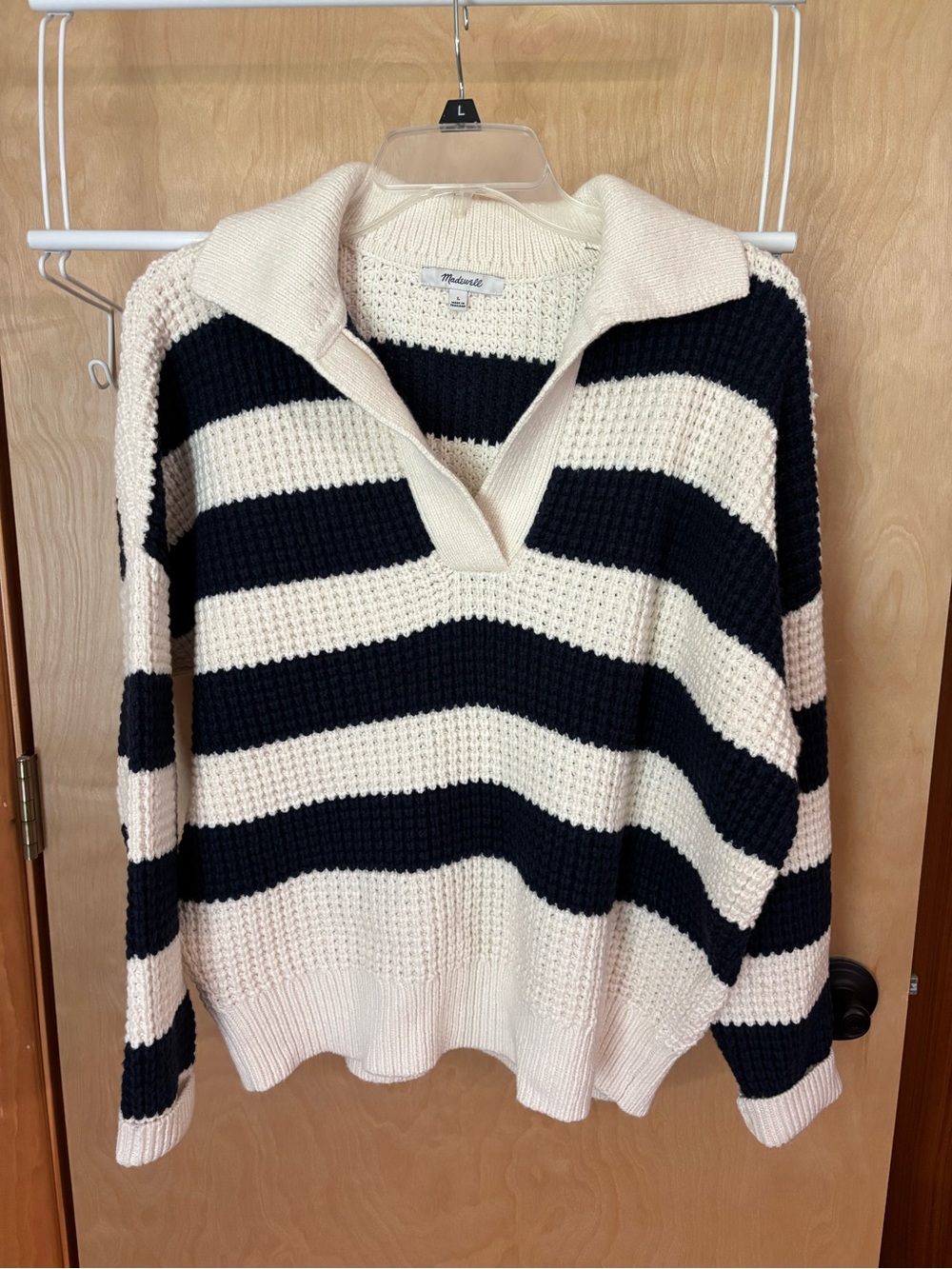 Madewell Striped Knit Polo Sweater in Cream and Navy - Picture 2 of 3